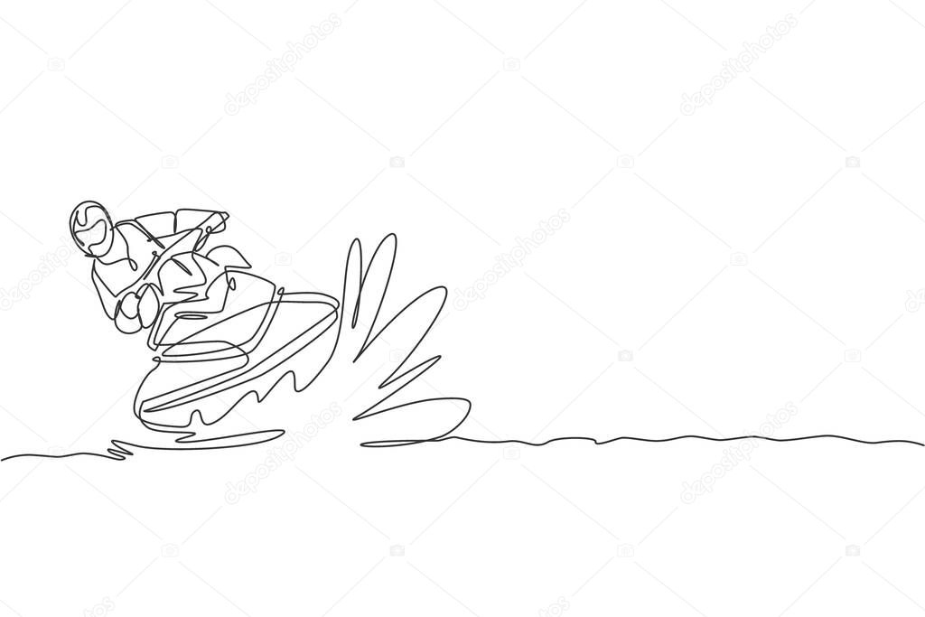 Single continuous line drawing of young sporty tourist man fun playing jet ski in the sea. Extreme dangerous sea sport concept. Summer holiday vacation. Trendy one line draw design vector illustration