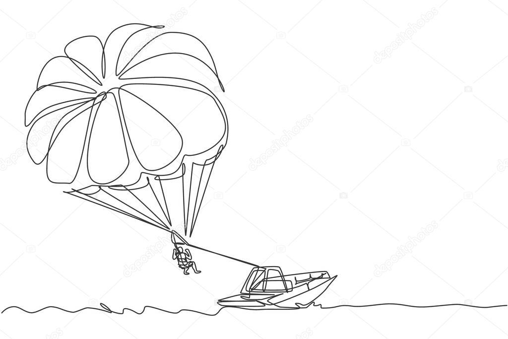 One continuous line drawing of young bravery flying in the sky using parasailing parachute behind the boat. Outdoor dangerous extreme sport concept. Dynamic single line draw design vector illustration
