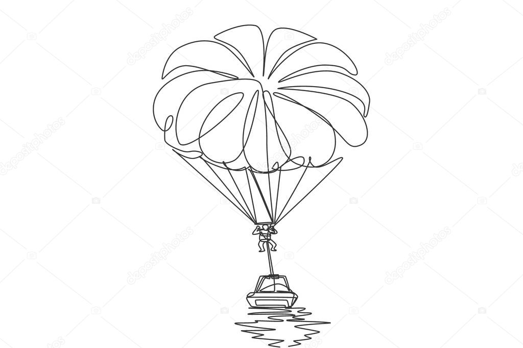 One continuous line drawing of young bravery man flying in sky using parasailing parachute behind a boat. Outdoor dangerous extreme sport concept. Dynamic single line draw design vector illustration