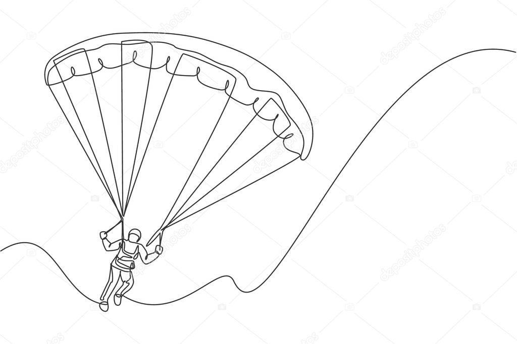 One continuous line drawing of young bravery man flying in the sky using paragliding parachute. Outdoor dangerous extreme sport concept. Dynamic single line draw design vector graphic illustration