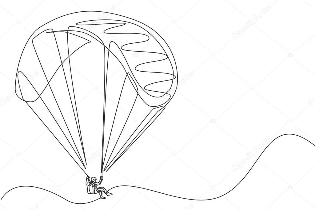 One single line drawing of young sporty man flying with paragliding parachute on the sky vector illustration graphic. Extreme sport concept. Modern continuous line draw design