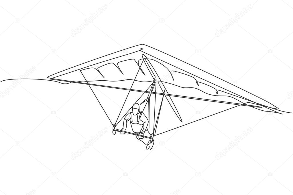 One continuous line drawing of young bravery man flying in the sky using hang gliding parachute. Outdoor dangerous extreme sport concept. Dynamic single line draw design vector illustration graphic