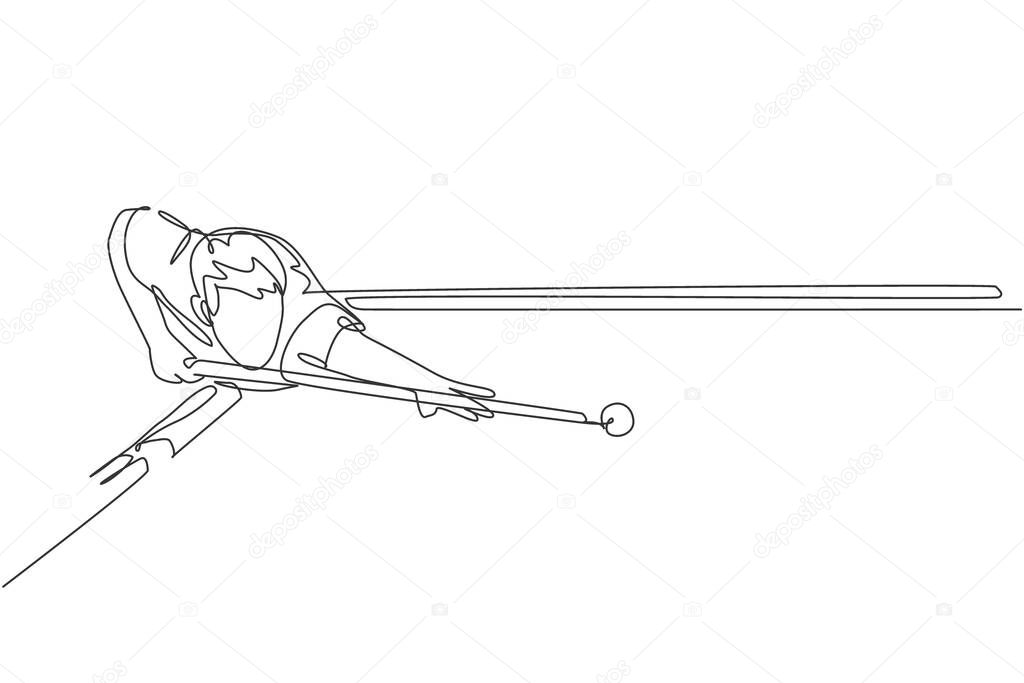 Single continuous line drawing of young handsome professional athlete man playing pool billiards at billiard room in bar. Indoor sport game concept. Trendy one line draw design vector illustration