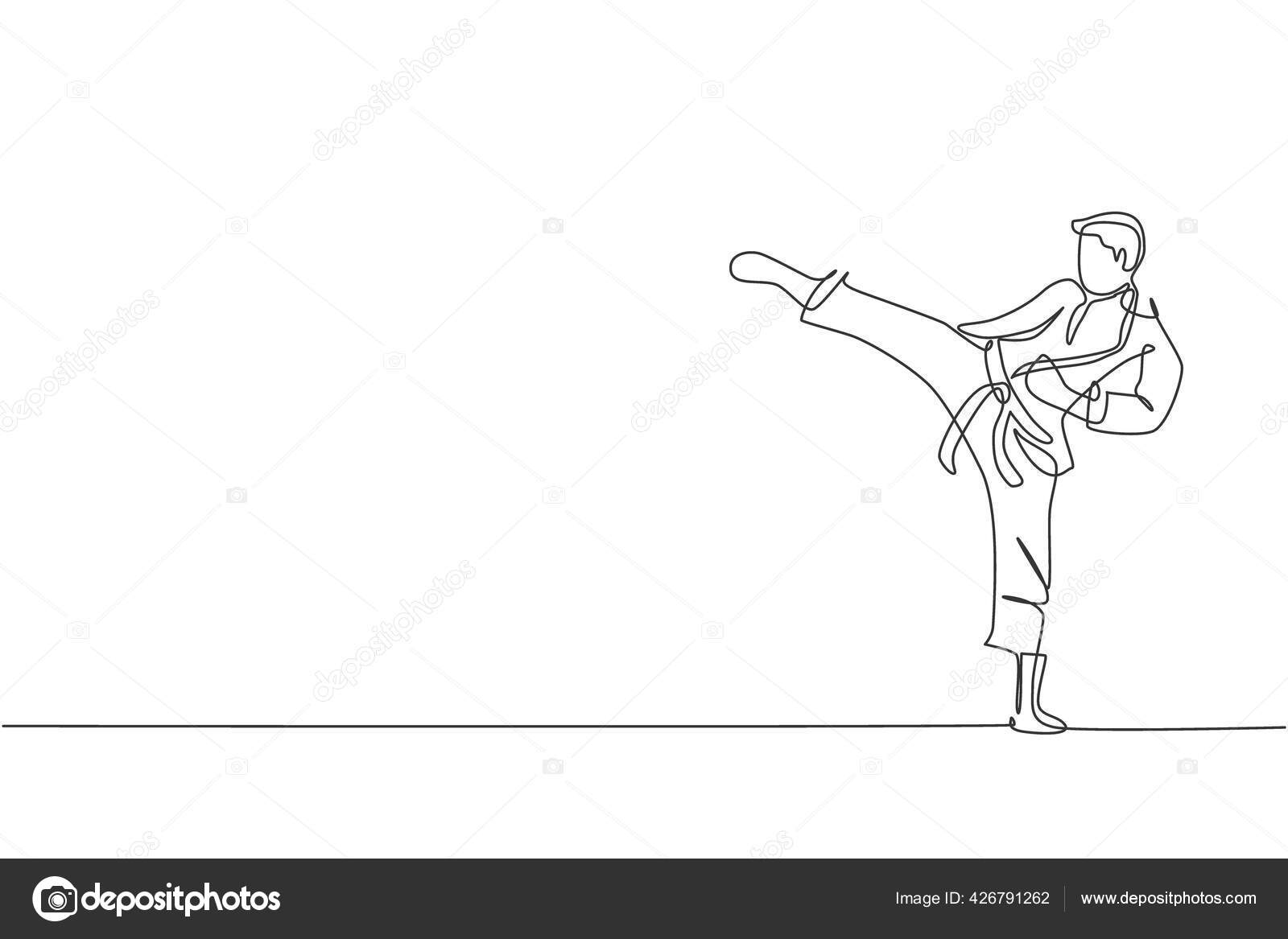 único desenho de uma linha karateka homem trem com pose de soco para duelo  lutando saindo