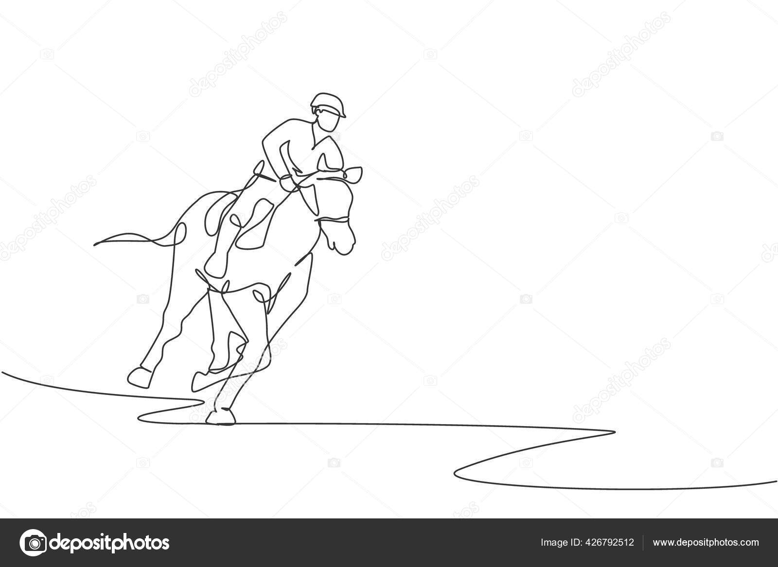 única linha contínua desenho jovem jóquei a cavalo. cavalo de corrida com  jóquei. campeão. passeios a cavalo. esporte equestre. jóquei montando cavalo  pulando. uma linha desenhar ilustração em vetor design gráfico 23657493