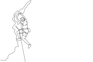 Genç ve cesur dağcı adamın sürekli çizdiği bir çizgi kayalık dağın tepesinde güvenlik halatıyla pratik yapıyor. Tehlikeli ekstrem spor konsepti. Dinamik tek çizgi çizimi tasarım vektörü illüstrasyonu