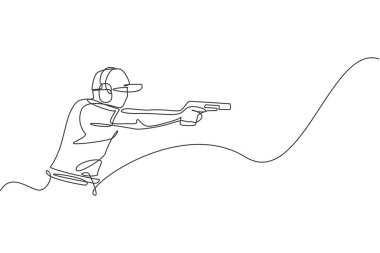 Genç atlet nişancının tek sıra halinde silah tuttuğu ve taktik atışları hedeflemek için antrenman yaptığı tek sıra. Atış sporu eğitimi konsepti. Bir satır çizimi tasarım vektörü illüstrasyonu