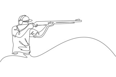 Tek sıra halinde, genç bir adamı atış taliminde, tüfekli silahlarla yarışmak için çekiyorlar. Açık havada atış sporu konsepti. Dinamik tek çizgi grafik tasarım vektörü illüstrasyonu