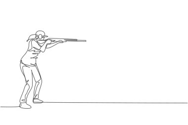 Atış talimi yapan genç atlet kadın nişancının taktik atışını hedeflemek için yaptığı tek sıra çizimi. Atış sporu eğitimi konsepti. Bir satır çizimi tasarım vektörü illüstrasyonu