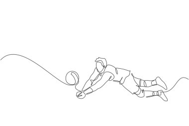 Genç erkek voleybol oyuncusunun tek çizgi çizimi sahada topu sektirme hareketini engelliyor. Takım sporu konsepti. Yarışma oyunu. Bir satır çizimi tasarım vektörü illüstrasyonu