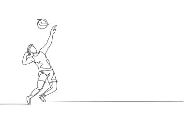Genç profesyonel voleybol oyuncusunu sahada sürekli çeken bir çizgi. Sağlıklı rekabetçi takım spor konsepti. Dinamik tek çizgi tasarım vektörü grafik çizimi