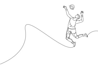 Genç voleybol oyuncusu erkek voleybolcunun sahada atlama hareketindeki tek çizgi çizimi. Takım sporu konsepti. Yarışma oyunu. Bir satır tasarım grafik vektör illüstrasyonu