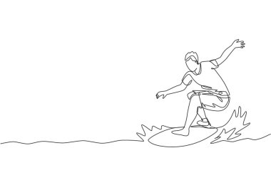 Dalgalı okyanusta sörf yapan genç mutlu sörfçü çizgisi. Sağlıklı bir su sporu konsepti. Yaz tatili. Dinamik tek çizgi grafik tasarım vektörü illüstrasyonu