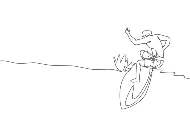 Plaj cenneti çizimlerinde sörf yapan genç sörfçü adamın tek bir çizgisi. Ekstrem su sporları yaşam tarzı konsepti. Modern sürekli çizgi çizimi tasarımı