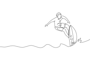 Sahilde sörf yapan genç sporcu sörfçünün çizdiği bir çizim. Ekstrem su sporları yaşam tarzı konsepti. Modern sürekli çizgi çizimi tasarımı