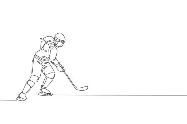Buz pateni sahasında egzersiz yapan ve pratik yapan genç buz hokeyi oyuncusunun sürekli çizdiği bir çizgi. Sağlıklı ekstrem spor konsepti. Dinamik tek çizgi çizimi tasarım vektörü illüstrasyonu