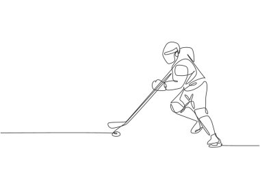Buz hokeyi oyuncusu, buz pateni sahası vektör ilüstrasyonunda rekabetçi bir oyun oynamak için hareket halindeki tek çizgi çizimi. Spor turnuvası konsepti. Modern sürekli çizgi çizimi tasarımı