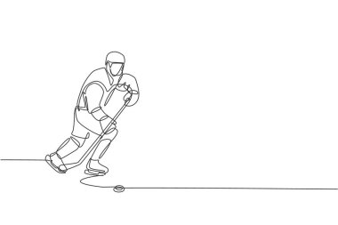 Buz pateni sahasında egzersiz yapan ve pratik yapan genç buz hokeyi oyuncusunun sürekli çizdiği bir çizgi. Sağlıklı ekstrem spor konsepti. Dinamik tek çizgi çizimi tasarım vektörü illüstrasyonu