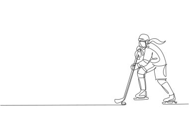 Genç buz hokeyi oyuncusunun buz pisti vektör çiziminde rekabetçi bir oyun oynaması için tek bir çizim. Spor turnuvası konsepti. Modern sürekli çizgi çizimi tasarımı