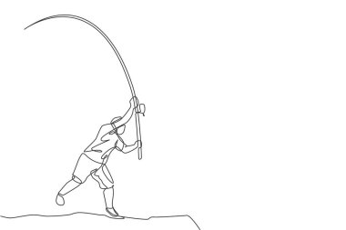 Tek bir çizgi, genç mutlu balıkçıyı ayakta tutuyor ve nehir kenarındaki vektör çizimine sinek avı fırlatıyor. Balıkçılık hobisi için tatil seyahati. Modern sürekli çizgi çizimi tasarımı