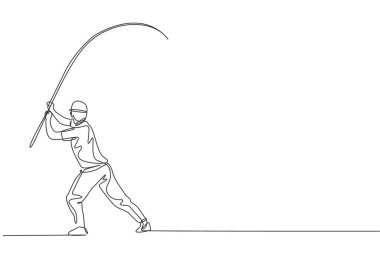 Genç mutlu balıkçıların durduğu ve gölde balık tutarken akıntıya kapıldıkları kesintisiz bir çizgi. Balıkçılık hobisi tatil konsepti. Dinamik tek çizgi çizim vektör çizimi çizimi çizimi