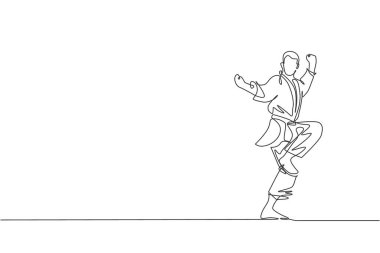 Dövüş üniformalı genç sporcu Karateka 'nın tek çizgi çizimi. Spor salonu vektör ilüstrasyonunda kemer egzersizi yapıyor. Sağlıklı spor yaşam tarzı konsepti. Modern sürekli çizgi çizimi tasarımı