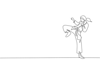 Kimonolu karatekalı genç kızın dojo 'da karate antrenmanı yaptığı tek sıra çizimi. Dövüş sporları eğitimi konsepti. Moda bir çizgi tasarım vektörü grafik çizimi