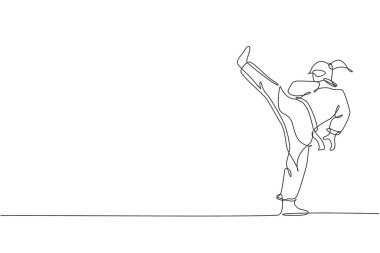 Dövüş üniformalı genç, sportif Karateka kızı, spor salonu vektör ilüstrasyonunda kemer egzersizi yaparken tek bir çizim. Sağlıklı spor yaşam tarzı konsepti. Modern sürekli çizgi çizimi tasarımı