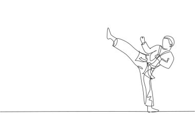 Kimonolu genç, kendinden emin karateka adamın dojo 'da karate antrenmanı yaptığı tek sıra çizimi. Dövüş sporları eğitimi konsepti. Moda bir çizgi tasarım vektörü grafik çizimi
