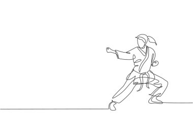 Dövüş üniformalı genç, sportif Karateka kızı, spor salonu vektör ilüstrasyonunda kemer egzersizi yaparken tek bir çizim. Sağlıklı spor yaşam tarzı konsepti. Modern sürekli çizgi çizimi tasarımı