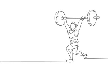 Vücut geliştiren genç bir adamın spor salonunda ağır bir ağırlıkla egzersiz yaptığı kesintisiz bir çizgi. Powerlifter tren halter konsepti. Dinamik tek çizgi tasarım vektörü grafik çizimi