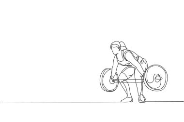 Vücut geliştiren genç bir kadının spor salonunda ağır bir ağırlıkla egzersiz yaptığı kesintisiz bir çizgi. Powerlifter tren halter konsepti. Dinamik tek çizgi tasarım grafik vektör çizimi