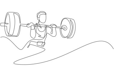 Spor salonu vektör illüstrasyonunda ağırlık kaldıran formda genç, kaslı bir adamın tek çizgi çizimi. Halterci antrenman konseptine hazırlanıyor. Modern sürekli çizgi çizimi tasarımı