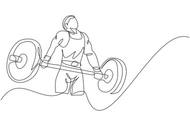 Güçlü haltercinin spor salonunda halter egzersizi yapmaya hazırlandığı tek sıra çizimi. Ağırlık kaldırma antrenmanı konsepti. Bir satır grafiksel tasarım vektörü çizimi