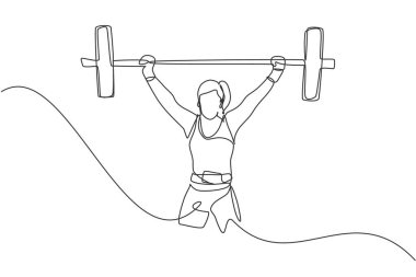 Güçlü halterci kadının spor salonundaki halter çalışmasına hazırlandığı tek sıra çizimi. Ağırlık kaldırma antrenmanı konsepti. Bir satır grafiksel tasarım vektörü çizimi