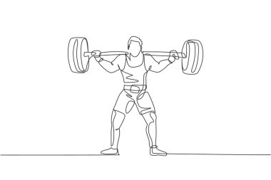 Güçlü haltercinin spor salonunda halter egzersizi yapmaya hazırlandığı tek sıra çizimi. Ağırlık kaldırma antrenmanı konsepti. Bir satır tasarım grafik vektör illüstrasyonu