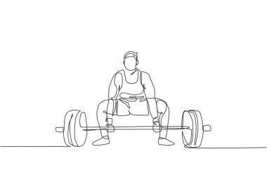 Vücut geliştiren genç bir adamın spor salonunda ağır bir ağırlıkla egzersiz yaptığı kesintisiz bir çizgi. Powerlifter tren halter konsepti. Dinamik tek çizgi tasarım grafik vektör çizimi