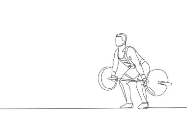 Spor salonu vektör illüstrasyonunda ağırlık kaldıran formda genç, kaslı bir adamın tek çizgi çizimi. Halterci antrenman konseptine hazırlanıyor. Modern sürekli çizgi çizimi tasarımı