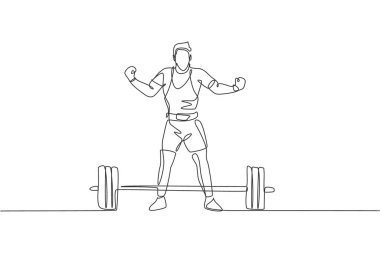 Spor salonu vektör illüstrasyonunda ağırlık kaldıran formda genç, kaslı bir adamın tek çizgi çizimi. Halterci antrenman konseptine hazırlanıyor. Modern sürekli çizgi çizimi tasarımı