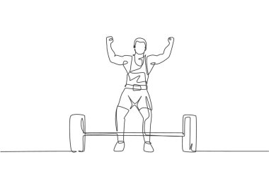 Vücut geliştiren genç bir adamın spor salonunda ağır bir ağırlıkla egzersiz yaptığı kesintisiz bir çizgi. Powerlifter tren halter konsepti. Dinamik tek çizgi tasarım grafik vektör çizimi