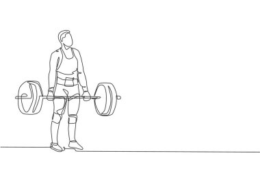Spor salonu vektör illüstrasyonunda ağırlık kaldıran formda genç, kaslı bir adamın tek çizgi çizimi. Halterci antrenman konseptine hazırlanıyor. Modern sürekli çizgi çizimi tasarımı