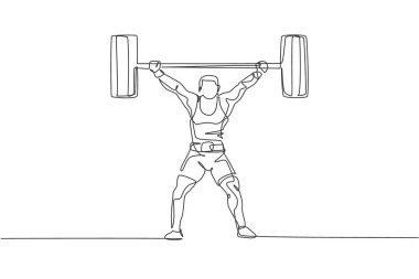Spor salonu vektör illüstrasyonunda ağırlık kaldıran formda genç, kaslı bir adamın tek çizgi çizimi. Halterci antrenman konseptine hazırlanıyor. Modern sürekli çizgi çizimi tasarımı