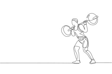 Güçlü haltercinin spor salonunda halter egzersizi yapmaya hazırlandığı tek sıra çizimi. Ağırlık kaldırma antrenmanı konsepti. Bir satır tasarım vektörü çizimi grafiği