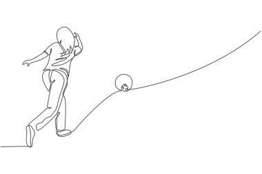 Genç yetenekli bovling oyuncusu kadının bowling lobutlarına çarpmak için attığı tek çizgi grafik çizim. Sağlıklı insanlar yaşam tarzı ve spor anlayışı. Modern sürekli çizgi çizimi tasarımı