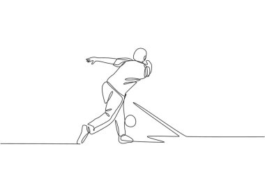 Genç ve mutlu bovling oyuncusunun lobutları vurmak için bowling topu attığı tek çizgi. Boş zaman konseptinde spor hobisi yapıyorum. Bir satır tasarım vektörü çizimi grafiği