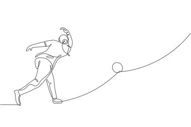 Genç ve mutlu bovling oyuncusunun lobutları vurmak için bowling topu attığı tek çizgi. Boş zaman konseptinde spor hobisi yapıyorum. Bir satır tasarım grafik vektör illüstrasyonu