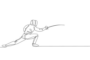 Eskrim kostümlü genç bir adam eskrim sporcusunun spor arena vektör illüstrasyonunda hareketli bir çizimi. Savaşçı ve dövüş sporu konsepti. Modern sürekli çizgi çizimi tasarımı