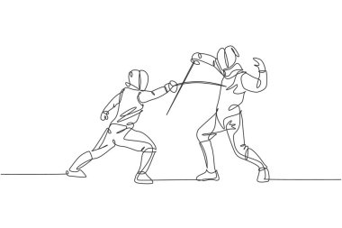 Tek sıra halinde, eskrim maskeli ve rapier düellosu yapan iki genç profesyonel eskrimci kadın arenada. Dövüş sporları yarışması konsepti. Bir satır tasarım grafik vektör illüstrasyonu