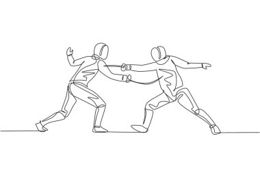 Eskrim maskeli ve spor salonunda rapier düellosu yapan iki genç profesyonel eskrim sporcusunun tek sıra çizimi. Dövüş sporları yarışması konsepti. Bir satır çizimi tasarım vektörü illüstrasyonu