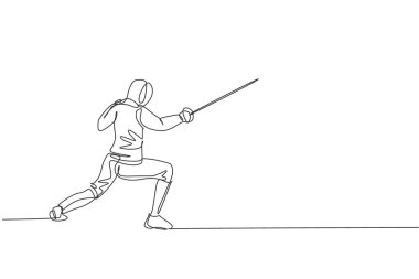 Tek sıra, eskrim maskeli ve Rapier 'lı genç profesyonel eskrim sporcusunu çekiyor. Rekabetçi dövüş sporları yarışması konsepti. Moda bir çizgi tasarım vektörü grafik çizimi